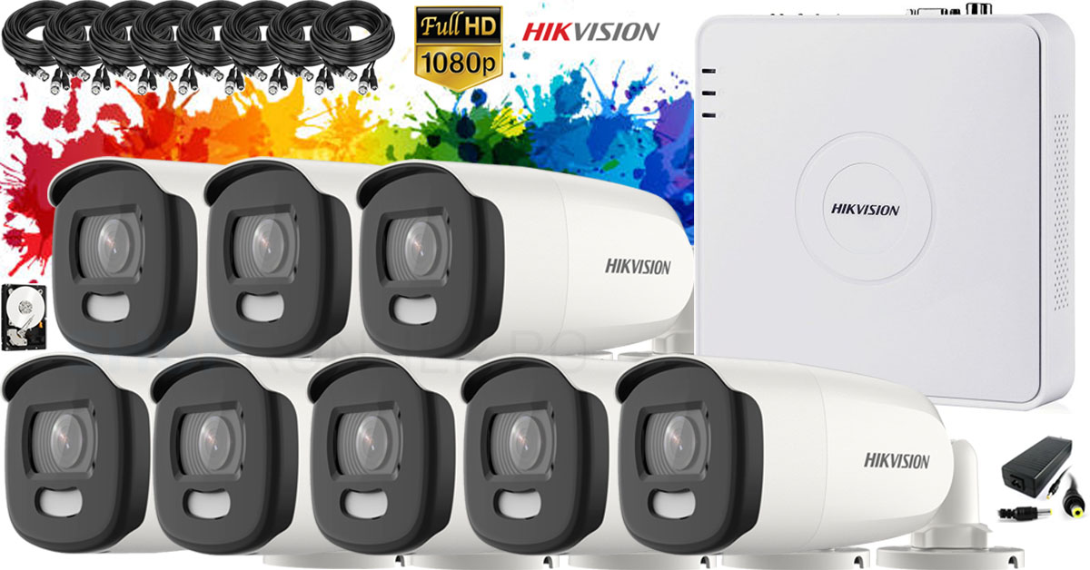 Kit Complet Supraveghere Video Hikvision 8 Camere Colorvu Fullhd (filmeaza Color Pe Timp De Noapte), Ir 40m