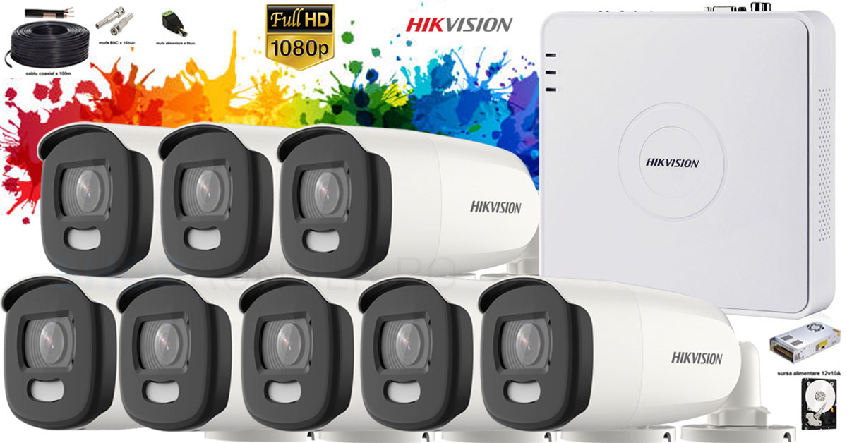 Kit complet supraveghere Hikvision 8 camere ColorVu FullHD, IR 40m