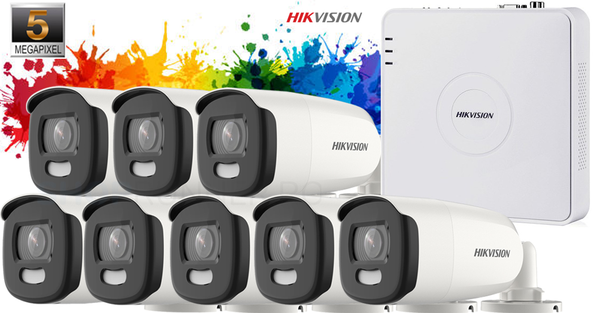 Sistem Supraveghere Video Hikvision 8 Camere De Exterior Colorvu 5mp(2k+), Ir 40m