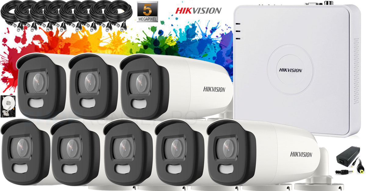 Kit Complet Supraveghere Video Hikvision 8 Camere Colorvu Fulltime 5mp(2k+), Ir 40m