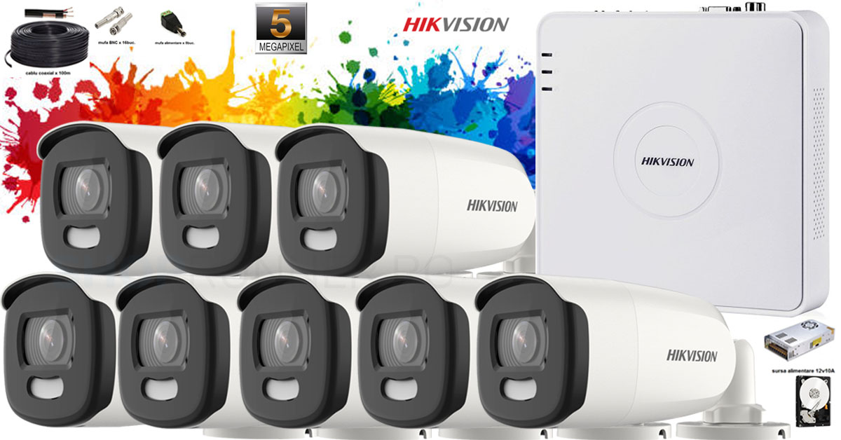 Kit Complet Supraveghere Hikvision 8 Camere De Exterior Colorvu 5mp(2k+),ir 40m