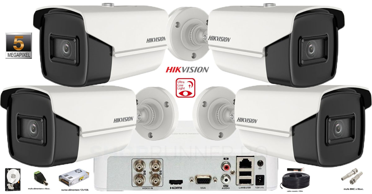 Kit Complet Supraveghere Video Hikvision 4 Camere Ultra Low-light 5mp(2k+), Ir 80m