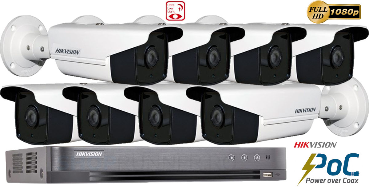 Sistem Supraveghere Hikvision 8 Camere Poc Ultra Low-light Fullhd, Ir 40m