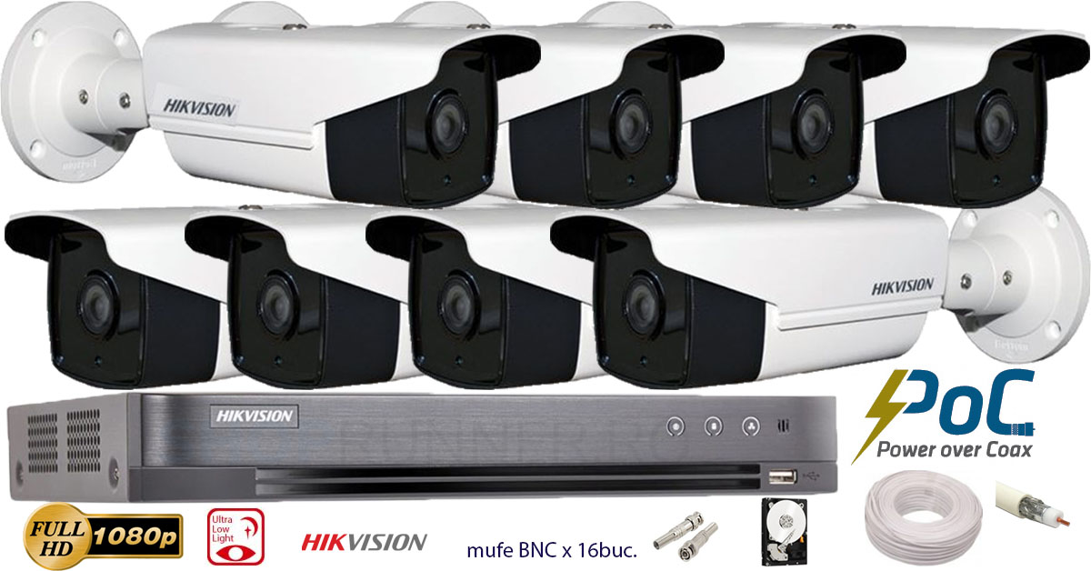 Kit Complet Supraveghere Video Hikvision 8 Camere Poc, Ultra Low-light, 1080p, Ir 40 M